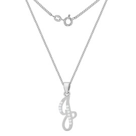 Tuscany Silver Sterling Silver Rhodium Plated CZ Initial Sterling Silver Pendant on Sterling Silver Rhodium Plated Curb Chain 18", Rhodium Plated