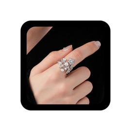 Yheakne Vintage Crystal Pearl Ring Silver Rhinestone Star Ring Adjustable Open Finger Rings Cluster Cz Wedding Rings Jewelry for Women
