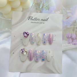 Bora Heartstone Glitter Handmade Nail Tips - Petit Round / 보라 하트스톤 글리터 수제네일팁 - 쁘띠라운드