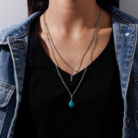 Atentuyi Boho Layered Teardrop Turquoise Necklace Choker Blue Turquoise Pendant Necklace Gold Bar Necklace Chain Turquoise Stone Necklace Jewellery for Women Girls, Metal