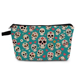 YULUENZE Floral Skull Makeup Bag Cute Small Organizer Bag with Zipper Mexican Folk Art Sugar Skull Cosmetic Bag Aesthetic Birthday Present for Women Friends -1
