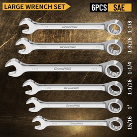 GRENPRO SAE Wrench Set, Large Wrench Set, 7-Piece 15/16″, 1", 1-1/16", 1-1/8", 1-3/16", 1-1/4" Long Big Open End Wrench Tools Set Roll Up Pouch Organizer with Gauge, 12 Point Combination Wrenches Sets