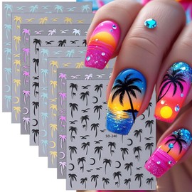 8 Sheets Black Gold Blue Laser Coconut Tree Nail Decals for Nail Art 3D Self-Adhesive Summer Beach Nail Stickers Cute Seagull Moon Nail Decals Ocean Style Nail Design Decals for Women Nails Decor