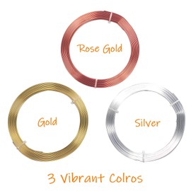 Cinvo Flat Craft Wire 3 Rolls Jewelry Wire Flexible Aluminum Wire Tarnish Resistant for Bezel Sculpting DIY Jewelry Craft Making (1mm Thickness, 3mm Width, Silver, Gold and Rose Gold)
