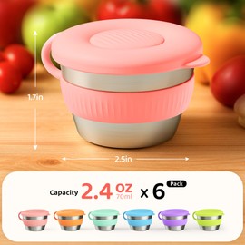 Omilly - Recipientes de acero inoxidable de 60 ml con tapas de silicona a prueba de fugas, tazas de salsa reutilizables para loncheras, picnics, viajes