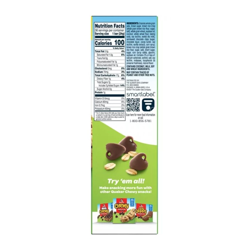 Quaker Chewy Chocolate Chip Granola Bars, 0.84 oz, 36 Count
