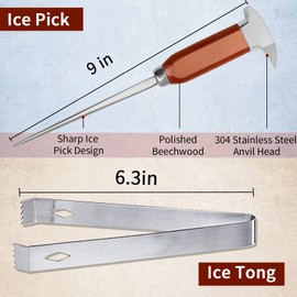 9-Inch Stainless Steel Ice Pick and Tong Set - Japanese Style Crusher and Chipper for Breaking Ice, Ideal for Bars and Home (Set of 2)