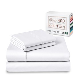 Pizuna Cotton RV King Sheets White, 400 Thread Count 100% Long Staple Cotton Sateen White Sheets, Short King Size Sheets With Deep Pocket Cotton Of 15 Inch (Cooling Cotton Bed Sheets)