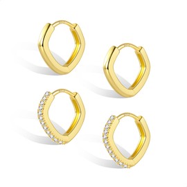 Small Square Gold Huggie Hoop Earrings for Women Trendy- Huggie Cartilage Earring Set Cute Thin Mini Tragus Plated Hoops Multiple Piercings Cubic Zirconia Earrings Sets (2 Pair Square Huggies 10mm)