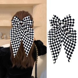 clvpai Checkerboard Bows Hair Clips Black White Plaid Hair Clip Large Satin Ribbon Hair Bows Clips Long Tail Hair Barrette Cute Checkered Plaid Hair Accessories for Women Birthday Party Favor Supplies