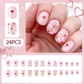 Hrnsnails Valentines Square Press On Nails Medium - Heart Press On Nails, Pink Fake Nails with Red Heart Design, Artificial Valentines Nails Stick On Nails for Women-24Pcs