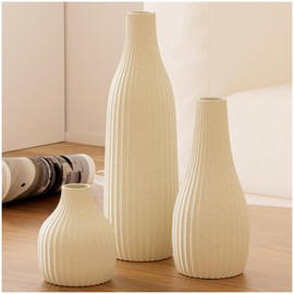 Ribbed Texture Vase Set of 3 - Modern Boho Minimalist Style Flowers Vases Home Decor, Kitchen, Bedroom, Office, Living Room, Bathroom Coffee Table Decor & Shelf Centerpiece Table Decorations