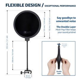 IXTECH Pop Filter for Mic Microphone, Blue Yeti Mic Pop Filter Dual Layered Wind Pop Screen with a Flexible 360 Degree Gooseneck Clip Stabilizing.