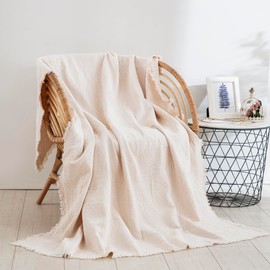 Purefair 100% Cotton 6 Layers Muslin Throw Blanket, Boho Jacquard Leaf Pattern Gauze Blanket with Fringed, Super Soft Lightweight Reversible Sofa Couch Cover for All Season(Pale Pink, 51" x 67")