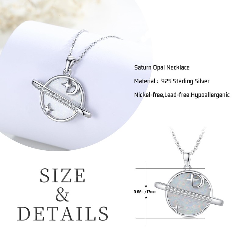 StoryEtain Saturn Necklace 925 Sterling Silver Saturn Opal Pendant Necklace