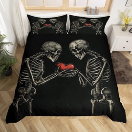 Sugar Skull Duvet Cover Set Queen Size,Skeleton Bone Lover Bedding Set Teens Adult Couple Room Decor,Valentine's Day Comforter Cover 3Pcs,Skull Bone Black Bedspreads Cover,2 Pillowcases(NO Comforter)