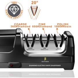 Electric Kitchen Knife Sharpener,3 Stages Diamond Abrasives of 360 Grit,600 Grit and 1000 Grit for Sharpening Stainless Steel Knives and Ceramic Knives, for Kitchens and Restaurants (20° Angle) ROYSHA