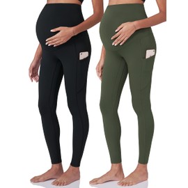 POSHDIVAH 2Pcs Women's Maternity Workout Leggings Over The Belly Pregnancy Yoga Pants with Pockets Soft Active Wear Work Pants Black Green Large