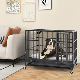 Tangkula 38 Inch Heavy-Duty Metal Dog Crate, Foldable Dog Kennel Crate with Lockable Wheels & Doors, Removable Tray, Indoor & Outdoor Chew-Proof Pet Crate for Medium & Large Dogs