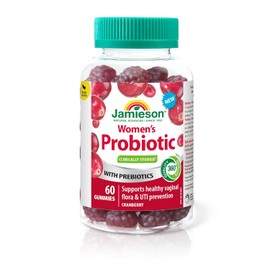 Jamieson Women's Probiotic Gummies with Cranberry and Prebiotics, Supports a Healthy Vaginal Flora and Microbiome, Protects against UTIs, and Supports Digestive Health. No Artificial Colours, Flavours, or Preservatives, Cranberry Flavour, 60 Count