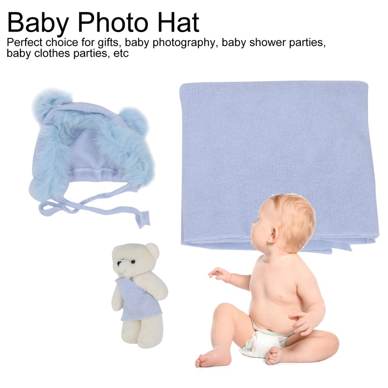 3pcs Baby Photography Props Soft Newborn Photo Blanket Doll Hat