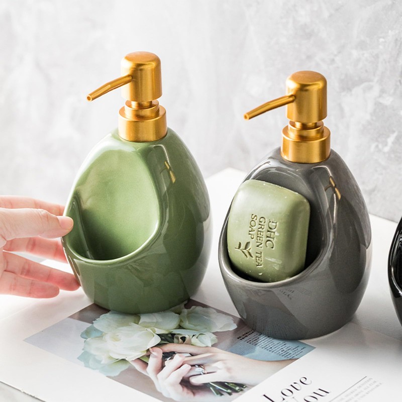 SHIIANN Green Ceramic Soap Dispenser with Sponge Holder – Refillable