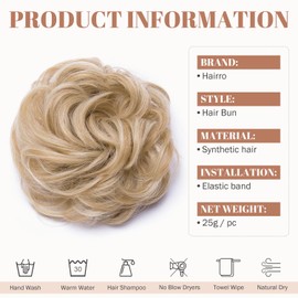 Hairro Messy Hair Bun Extensions Hair Piece Curly Wavy Scrunchies Synthetic Chignon Ponytail Fake Hair Bun Hairpiece for Women Hair Updo Donut Amber & Bleach Blonde 25g/pc