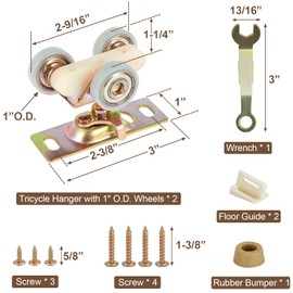 Pocket Door Rollers Replacement with 1" O.D. Wheels, Compatible with 100, 134F, 138F, 2610F Series Track, Sliding Door Ball Bearing Tricycle Hanger Fit Johnson P/N #1125 Hardware Kit, 2 Pack
