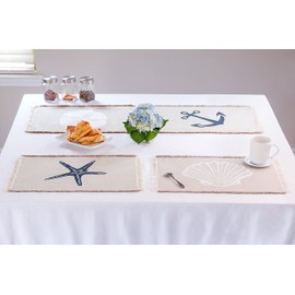 Living Fashions Table Placemats Set of 4 - Beach Themed Nautical Kitchen Placemats for Dining Table - 100% Washable Cotton Place Mat- Seashell, Sand Dollar, Starfish & Anchor Designs with Fringes