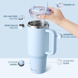 SMLIXE 40 oz Tumbler with Handle and Straw Lid,Insulated Reusable Stainless Steel Water Bottle Travel Mug，Cupholder Friendly Double Wall Vacuum Sealed Cup (Sky Blue)