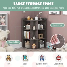 Costzon Kids Corner Cabinet with Charging Station, Wooden Cubby Bookcase with USB Ports and Outlets, 3-Tier Kids Bookshelf, 9-Cube Toy Storage Organizer for Playroom, Bedroom, Living Room (Grey)