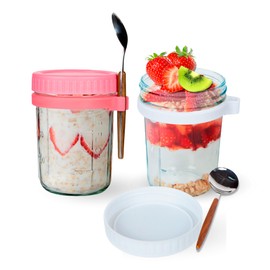 CJWM - 2 Pack 10 Oz Overnight Oats Containers with Lids and Spoon Glass Meal Prep Containers Oats Yogurt and Granola Container To Go Jars Oatmeal Container Leak-Proof