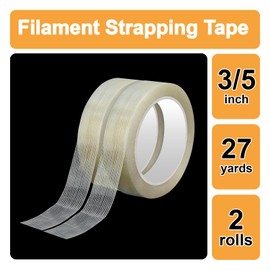 PLAXIARY Filament Strapping Tape 2 Roll 3/5 Inch x 27 Yards 5.5 Mil Heavy Duty Reinforced Packing Tape Transparent Reinforced Adhesive Fiberglass Tape for Packing Sealing Binding