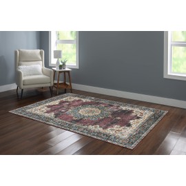 Linon Home Decor Products The Anywhere Washable Rug Carver Ivory & Burgundy 5' X 7' Area Rug