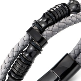 COOLSTEELANDBEYOND Mens Double-Row Beige Grey Braided Leather Bracelet Bangle Wristband with Black Steel Ornaments