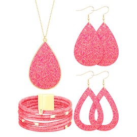 Hicarer 4 Pieces Women's Glitter Jewelry Set Bridal Wedding Multi-Layer Bracelet Faux Leather Dangle Earrings Necklace (Fluorescent Pink)