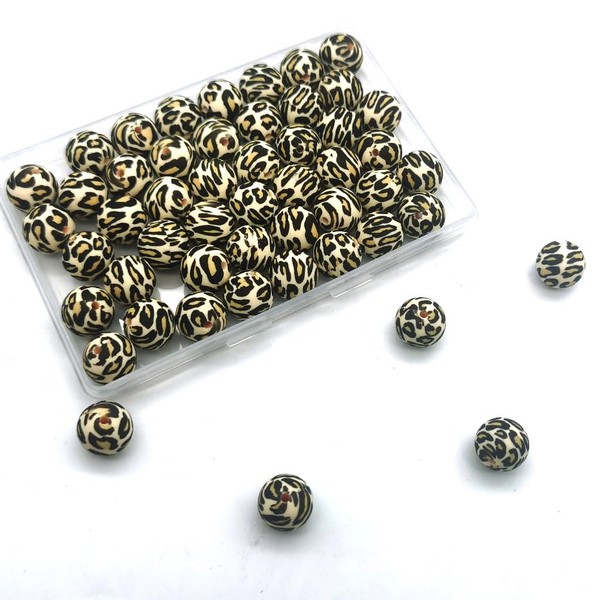 YOKUSHI 50PCS Leopard Printed Silicone Beads 15mm Bulk, Print Silicone