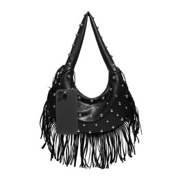 MakeMeChic Women's Studded Faux Leather Shoulder Bag Zipper Fringe Y2k Underarm Handbag Purse, Black, One Size, Soft