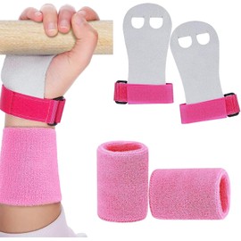 Leanockesa 2 Packs Kids Gymnastics Grips Wristbands Sets for Youth, Palm Protection & Wrist Support for Training, Workout - Sports Accessories(Pink)