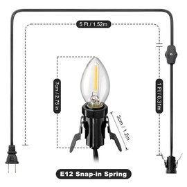UL Listed 6 FT C7 Accessory Cord with C7 Led Light Bulb, Candelabra-Base E12 Lamp Socket with Clips, Black Cord with On/Off Switch Plug for Christmas Village Houses, Snow Village, Nativity Lights