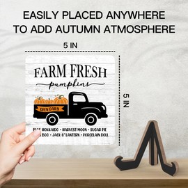 Fall Farmhouse Decor For Home, Fall Tiered Tray Decor, Farm Fresh Pumpkin Truck Sign, Fall Kitchen Living Room House Desk Decor, Thanksgiving Table Decorations, Set Of 1 Wooden Sign With Stand -n04