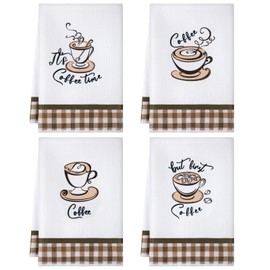 Ferraycle 4 Pieces Kitchen Towels, Coffee Kitchen Hand Towels, Dish Towels, Absorbent Decorative Dish Cloths, for Farmhouse Housewarming (Mainly White,Coffee Style)