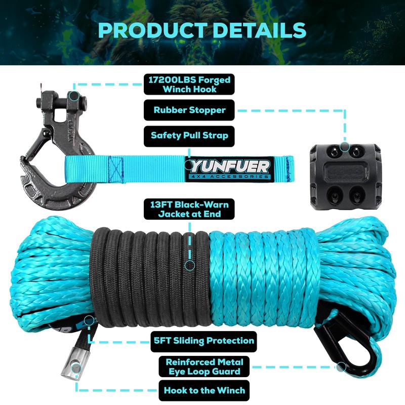 YUNFUER Synthetic Winch Rope Cable Kit - 3/16" x 50ft,