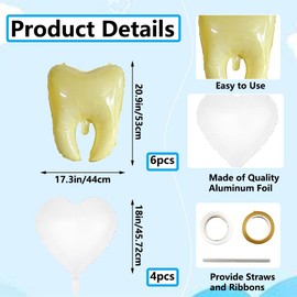 Xiuhusha Tooth Balloons, 10pcs Yellow Tooth Foil Balloons Heart Balloons Tooth Birthday Party Decorations Mylar Balloons for Clinic Dentist Decoration Teeth Theme Party Decoration Baby Shower