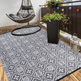Alfolo Outdoor Plastic Straw Rug 4x6 Outdoor Rug Waterproof Balcony Rug Backyard Rug Outdoor Front Porch Rug Patio Rug Apartment Patio Decor, Grey& White Reversible Rv Camping Mat Outside Deck Rug