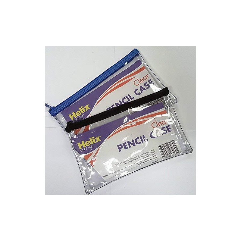 HELIX CLEAR EXAM PENCIL CASE ASSORTED COLOURED ZIPS TRANSPARENT 203