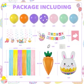 Easter Decorations Party Supplies - Easter Balloons Garland Arch Kit with 12in Pastel Balloons/ Cute Bunny Carrot Balloons/ Hanging Swirls/ 2 pcs 78in Fringe Curtain for Easter Party Decor