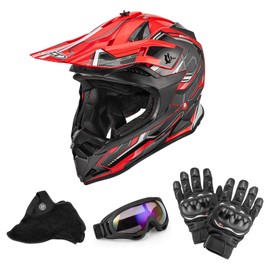 OUMURS Adult Dirt Bike Helmet ATV Helmet with Goggles Gloves & Mask Adjustable Sun Visor DOT/FMVSS-218 Motorcycle Adult ATV Helmet Off-Road Motocross Downhill Moped MX for Unisex-Adult-Red Black, L