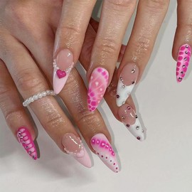 24Pcs French Tip Press on Nails Medium Almond Fake Nails with 3D Rhinestone Designs Pink White Leopard Print Full Cover Nail Tips Stiletto Artificial False Nails Y2k Acrylic Glue on Nails for Women