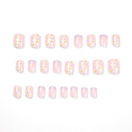 24 Pcs Short Press on Nails Square Fake Nails with French Purple Edge Designs Acrylic Nails Artificial Full Cover Glue on Nails White Flower False nails Glossy Stick on Nails for Women